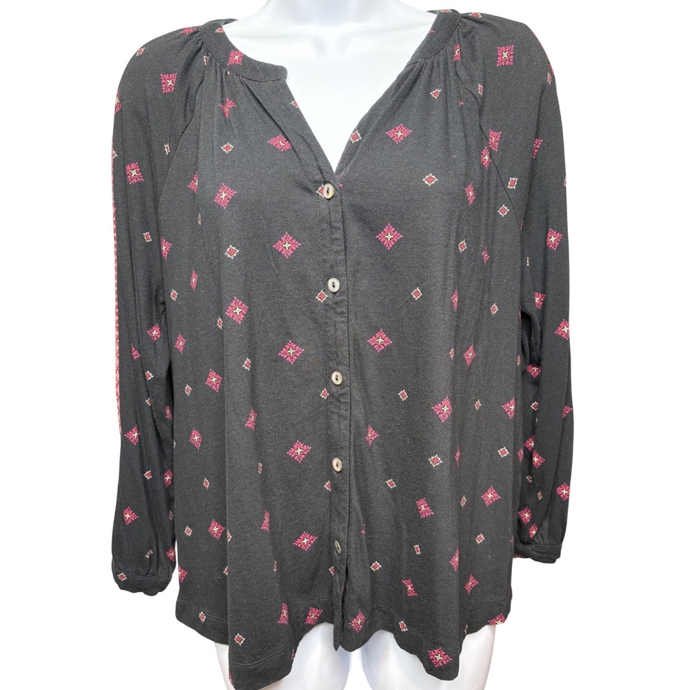 J. JILL Womens Black Pink Cotton Button Down Blouse S Petite Boho Cottagecore
